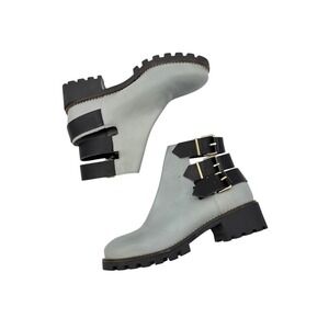 Miista Cecelia Back Strap Ankle Boot Light Blue Leather Chunky Heel Size 37